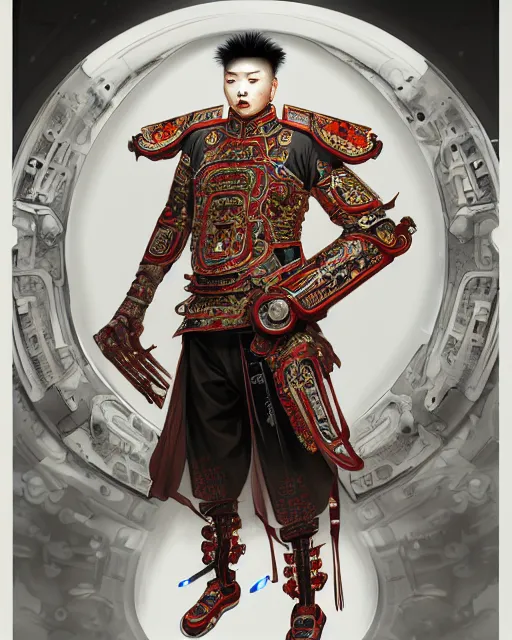 Image similar to portrait of a chinese masculine male cyberpunk machine, machine face, upper half portrait, decorated with chinese opera motifs, muscular, asian, fine china, wuxia, traditional chinese art intricate intense elegant 京 剧 highly detailed digital painting artstation concept art smooth sharp focus illustration, art by artgerm and greg rutkowski alphonse mucha 8 k