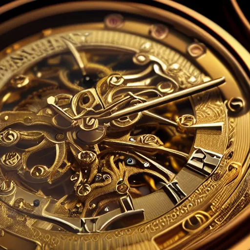 Prompt: a macro photo of a very beautiful gold and silver mechanical wristwatch, close - up, intricately detailed engravings, intricately detailed markings, intricate textures, warm lighting, vivid colors, realistic octane render, hyper realistic render, volumetric shading, depth of field, raytracing, 8 k,