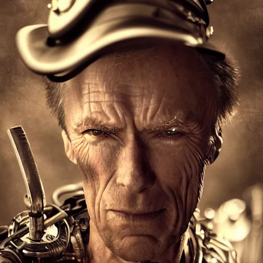 Image similar to clint eastwood steampunk cyborg, fantasy, sharp focus, contemporary fashion shoot, by edward robert hughes, annie leibovitz and steve mccurry, david lazar, jimmy nelsson, extremely detailed, hyperrealistic, perfect face, octane render