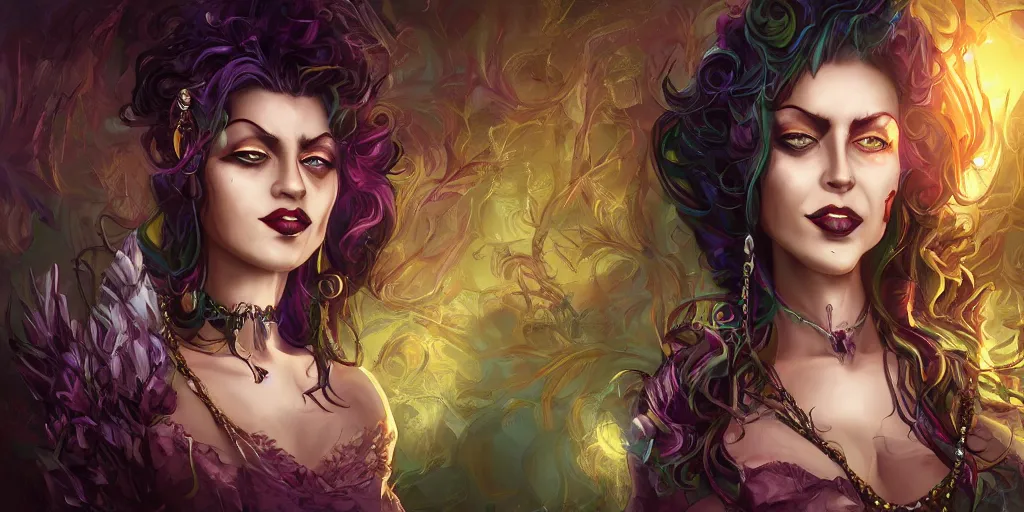 Prompt: beautiful female character inspired by new orleans mardi gras vampire bounty hunter | | digital artwork made by greg rutswork, anna dittmann and lois van barlee, symmetrical rim light, anatomically correct