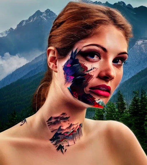 Image similar to hyper realism tattoo sketch of a beautiful woman face double exposure effect with beautiful mountain scenery, in the style of matteo pasqualin, amazing detail, sharp, faded