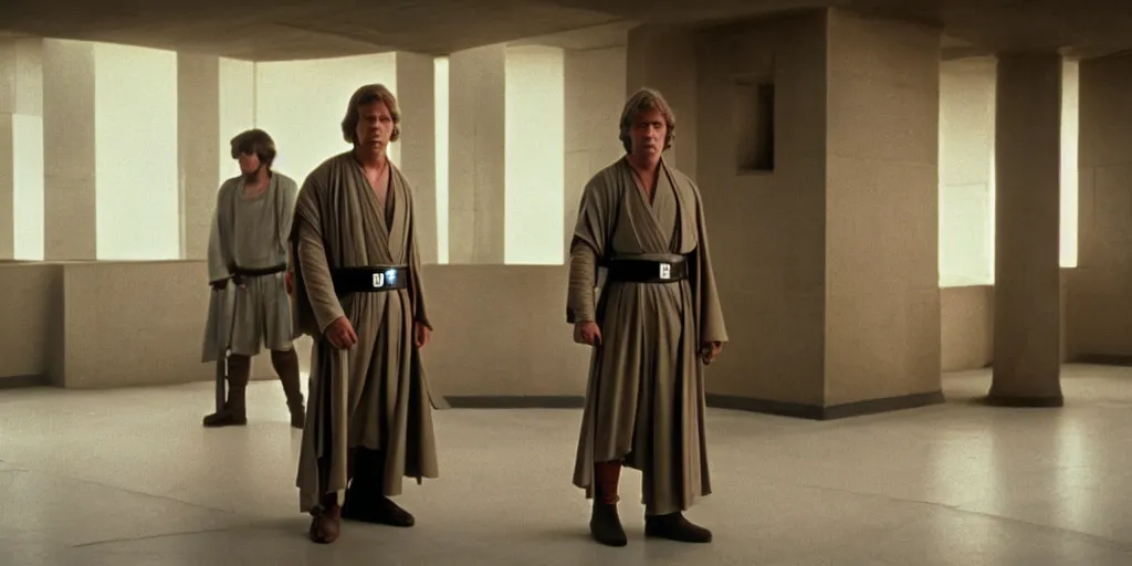 Prompt: screenshot of master Luke Skywalker played by Mark Hammil standing alone in the Jedi Temple, 1970s thriller by Stanely Kubrick film, color kodak, ektochrome, anamorphic lenses, detailed faces, hyper realistic, photoreal, detailed portrait, moody cinematography, strange lighting