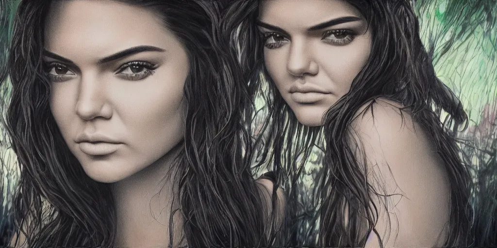 Image similar to hyper realistic kendall jenner on a coachella stage in the style of a slipknot album cover, minimal art style, highly detailed, intricate, digital painting, artstation, 3 5 mm film grain