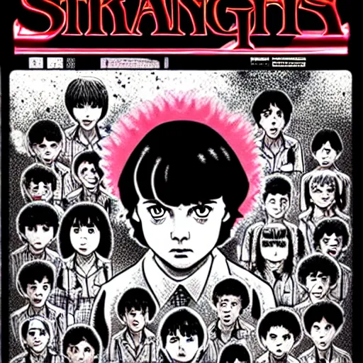 Prompt: stranger things 4 season manga by junji ito