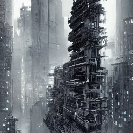 Image similar to a moody black and white neo noir film still of futuristic architecture intricate complexity, by greg rutkowski, artgerm, ross tran, conrad roset, takato yomamoto, ilya kuvshinov. 4 k, beautiful, cinematic dramatic atmosphere