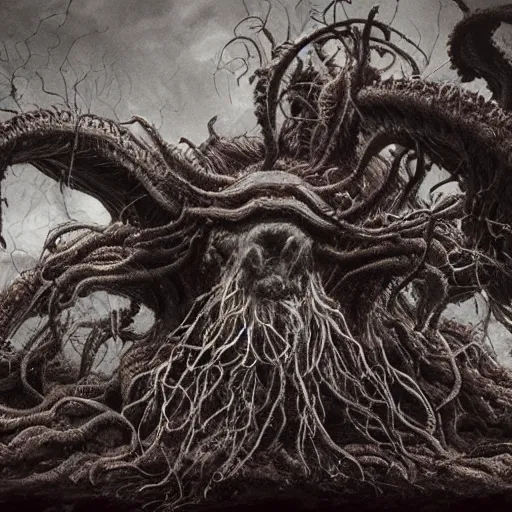 Image similar to shub niggurath. eldritch, film, 8 k, 3 d, concept art, dslr, filmic, hdr, hyperrealism, realistic, horror.