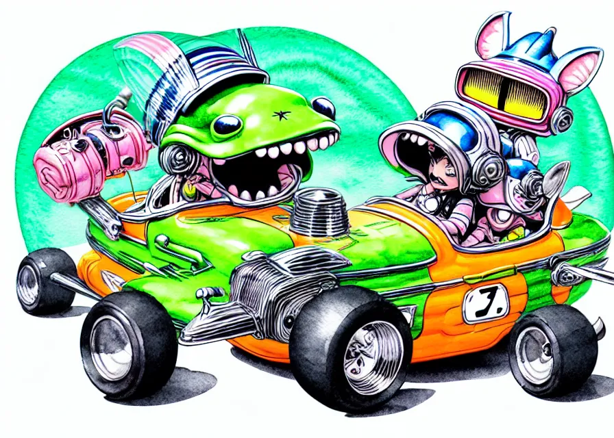 Image similar to cute and funny, ( stripe gremlin ) wearing a helmet riding in a hot rod with oversized engine, ratfink style by ed roth, centered award winning watercolor pen illustration, isometric illustration by chihiro iwasaki, edited by range murata, tiny details by artgerm and watercolor girl, symmetrically isometrically centered