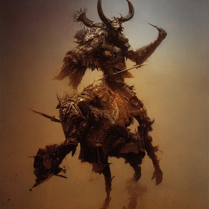 Prompt: minotaur warrior wearing ancient armor concept, beksinski, ruan jia