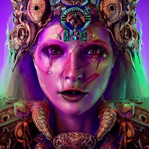 Prompt: viking goddess close-up portrait tribal princess skull, sitting on intricate throne, high tech, cyberpunk, dystopian, jellyfish phoenix dragon, butterfly squid, burning halo, intricate artwork by Tooth Wu and wlop and beeple, greg rutkowski, very coherent symmetrical artwork, cinematic, hyper realism, high detail, octane render, unreal engine, 8k, Vibrant colors, Smooth gradients, High contrast, depth of field, aperture f1.2