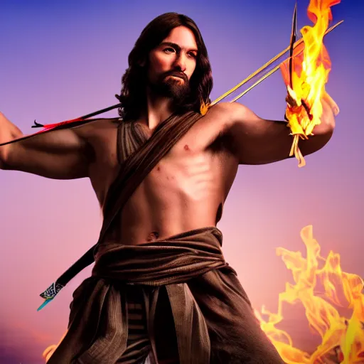 Image similar to Jesus Christ as Rambo holding a Bow and Flaming Arrow, full body, photography, 4K