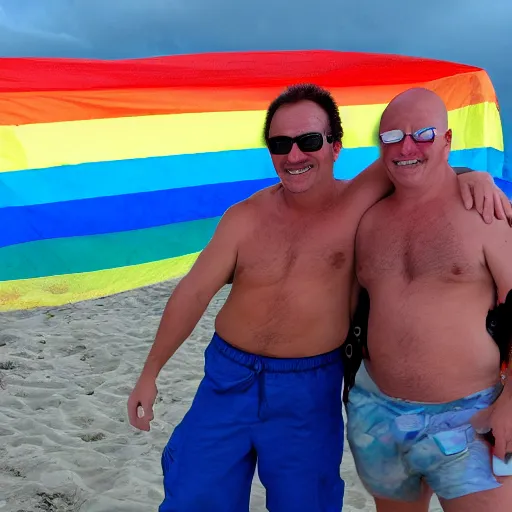 Image similar to two men on a beach wearing n 9 5 s, with a rainbow in the background, photograph