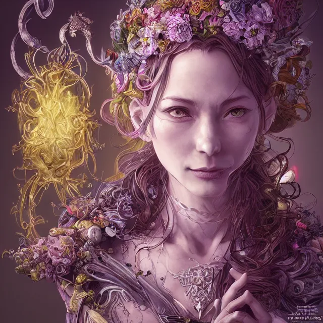 Image similar to the portrait of chaotic good female druid alchemist as absurdly beautiful, gorgeous, elegant, sophisticated happy woman, an ultrafine hyperdetailed illustration by kim jung gi, irakli nadar, intricate linework, sharp focus, bright colors, octopath traveler, final fantasy, unreal engine 5 highly rendered, global illumination, radiant light, detailed and intricate environment
