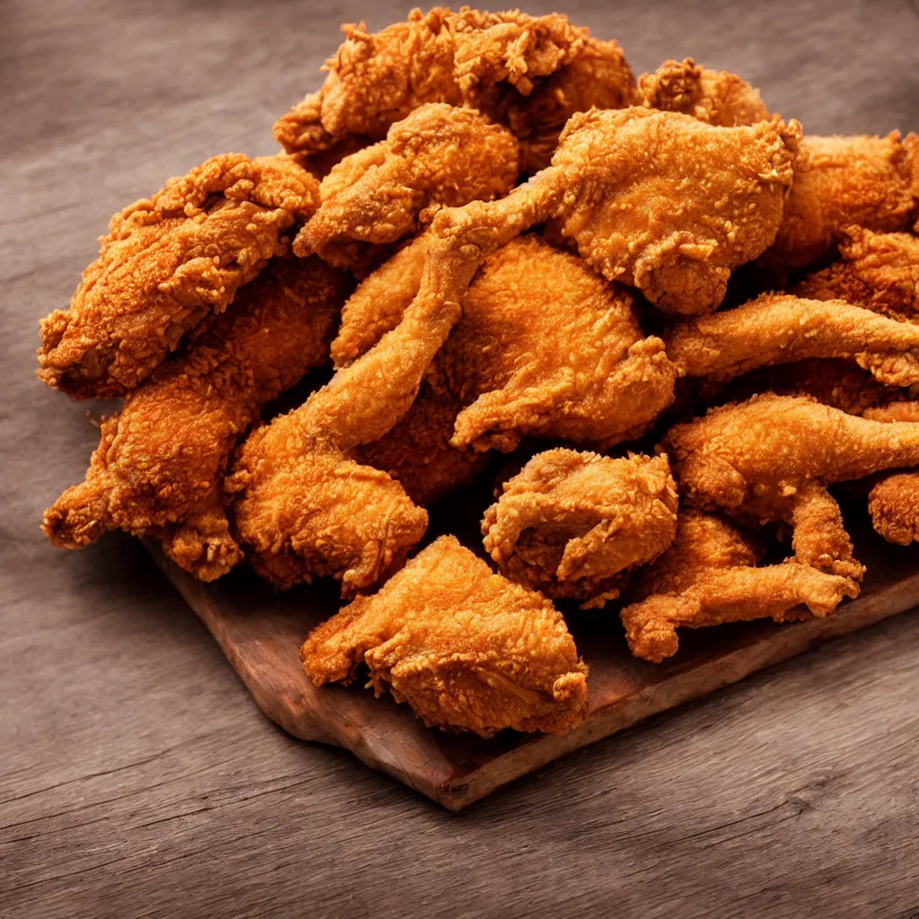Prompt: close-up view of fried chicken on top of a wooden table, 8k, high detail, photorealistic, proper shading