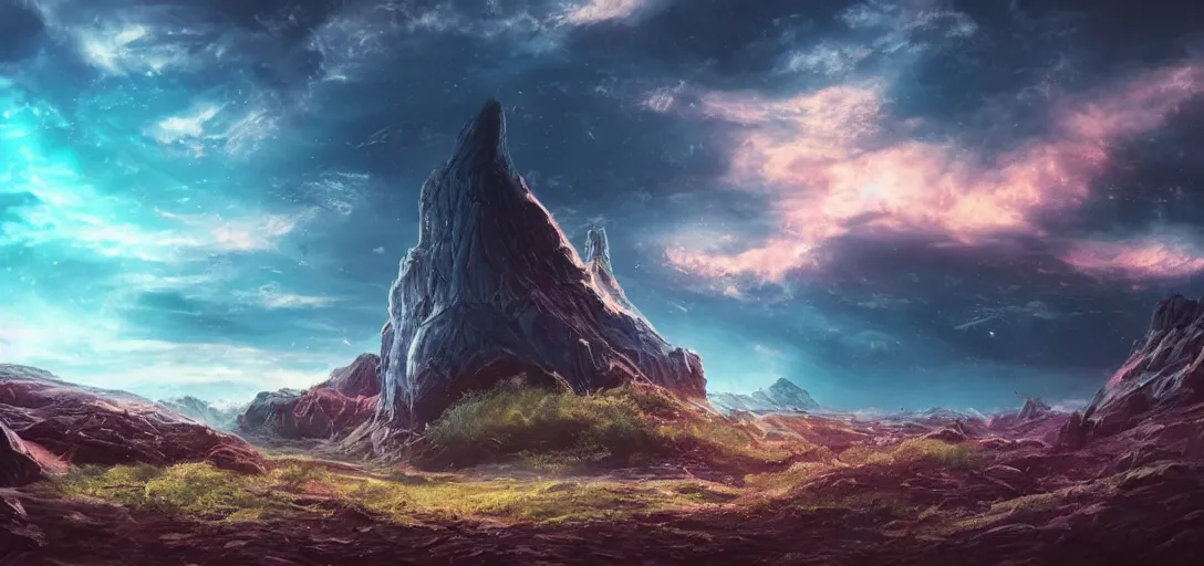 Prompt: an alien civilization, landscape environment with cyan dramatic sky, warm cool color scheme, cinematic quality, no blur, sharp focus, highly detailed,