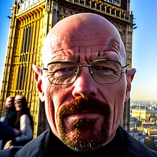 Image similar to walter white doing a selfie from the top of the big ben in london, realistic, cool, nice, beautiful