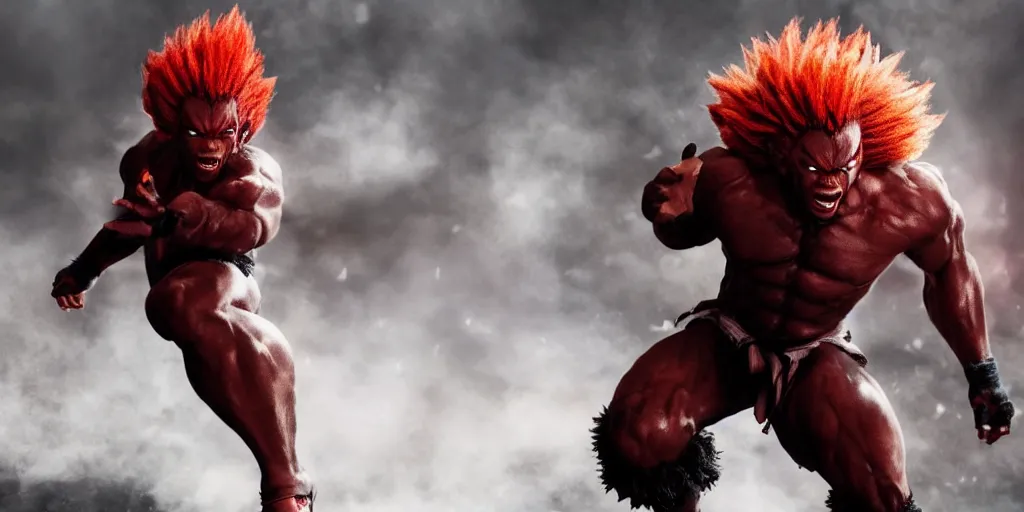 Image similar to a film still of a black man starring in a japanese blockbuster film as akuma from tekken, shallow depth of field, cinematic, award winning cgi, vfx, film still
