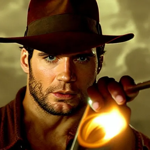 Image similar to still of Henry Cavill as Indiana Jones with a torch in a secret antic room, full body, cinematic light, by Steven Spielberg, movie, 4K