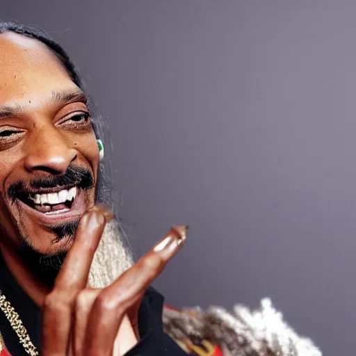 Prompt: Snoop Dog with big eyes eye color red , smiling and holding a joint in his hand