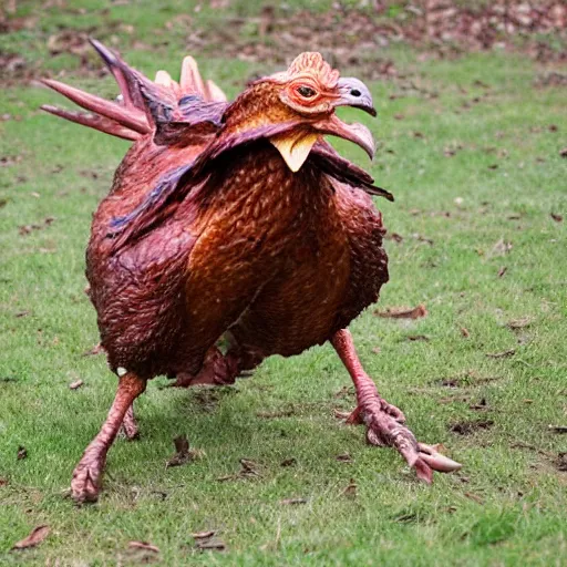 Image similar to a giant, brown war chicken with glowing red eyes and sharp claws