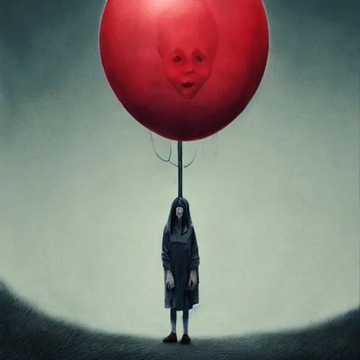 Prompt: matte painting of Billie eilish with a wide smile and a red balloon by Zdzisław Beksiński, loony toons style, pennywise style, corpse bride style, creepy lighting, horror theme, detailed, elegant, intricate, conceptual, volumetric light