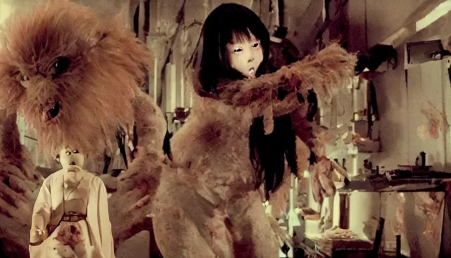 Prompt: big budget horror movie about an evil killer giant doll monster destroying tokyo