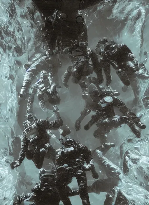 Image similar to astronauts in dark and empty void underwater - complex and hyperdetailed technical suit. reflection and dispersion materials. rays and dispersion of light. volumetric light. 5 0 mm, f / 3 2. noise film photo. flash photography. ultra realistic, wide angle. poster by wayne barlowe, hajime sorayama aaron horkey, craig mullins