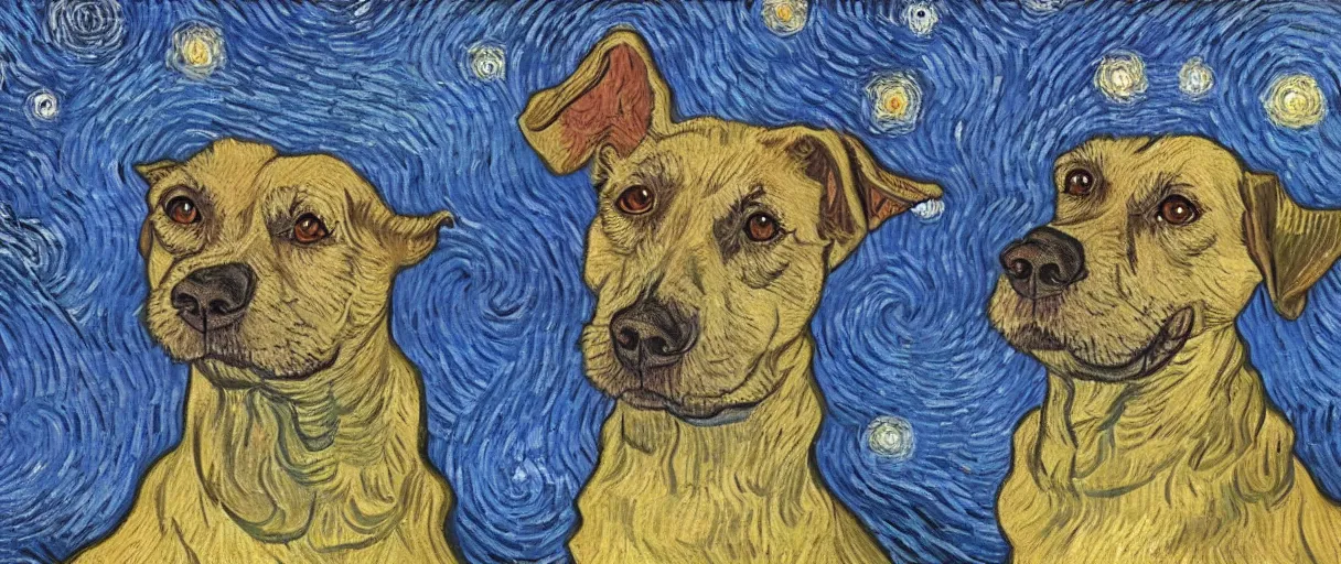 Image similar to studio portrait of a single wizened old dog in the style of the Starry Night; extremely detailed; oil painting by Vincent van Gogh