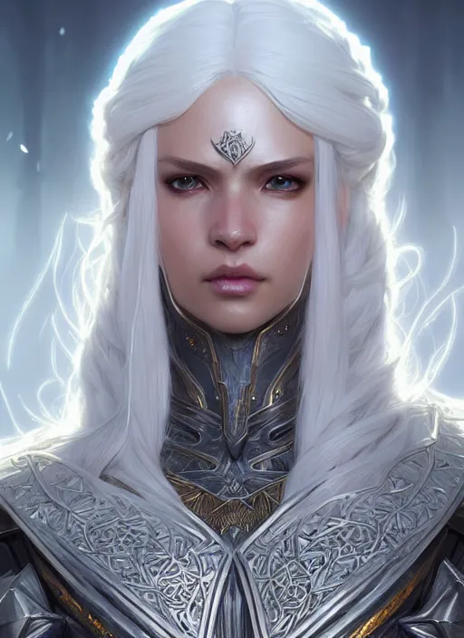 Image similar to light opal armor!!! long wild white hair!! covered chest!!! fantasy, d & d, intricate ornate details, symmetry, concept art, sharp focus, illustration, art by artgerm! greg rutkowski magali villeneuve wlop! ilya kuvshinov!!, octane render, unreal engine 5, highly rendered!!