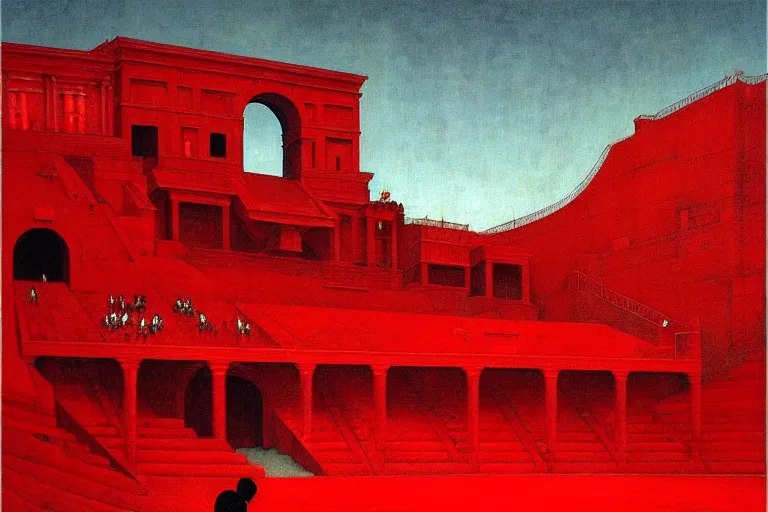Image similar to only with red, a red melted emperor, taormina amphitheatre, crowd hails him, in the style of beksinski, parts by edward hopper, parts by rodcenko, parts by yue minjun, intricate and epic composition, red by caravaggio, insanely quality, highly detailed, masterpiece, red light, artstation, 4 k