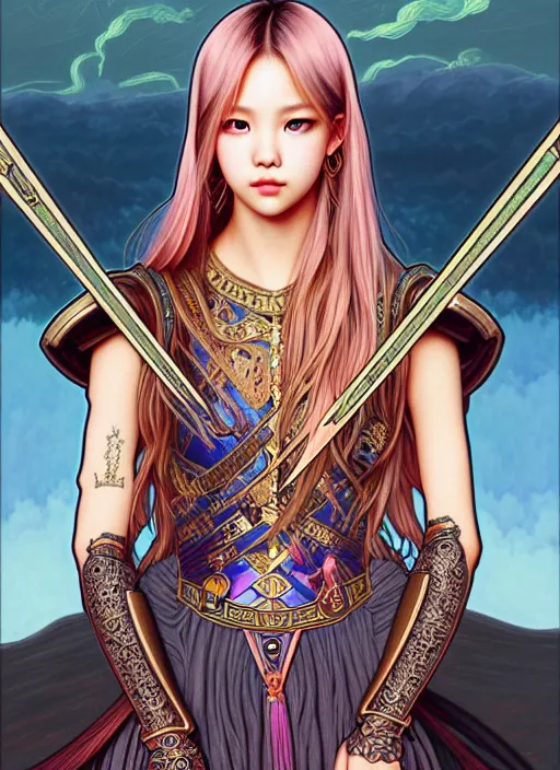 Image similar to lalisa manoban of blackpink, medieval armor, tarot card, highly detailed, digital painting, smooth, sharp focus, illustration, ultra realistic, 8 k, art by artgerm and alphonse mucha