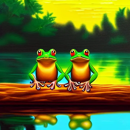 Prompt: Two frogs sitting on a log in a pond, the sun is setting, stylized as an oil painting