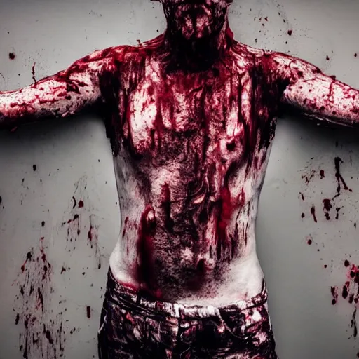 Image similar to ultra detailed photo of a man with many bloody arms covering his entire body