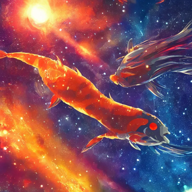 Image similar to a giant shiny robot koi karp flying in deep space toward an exploding spiral galaxy. strong irideshent reflections. cinematic. film look. detailed. artstation.