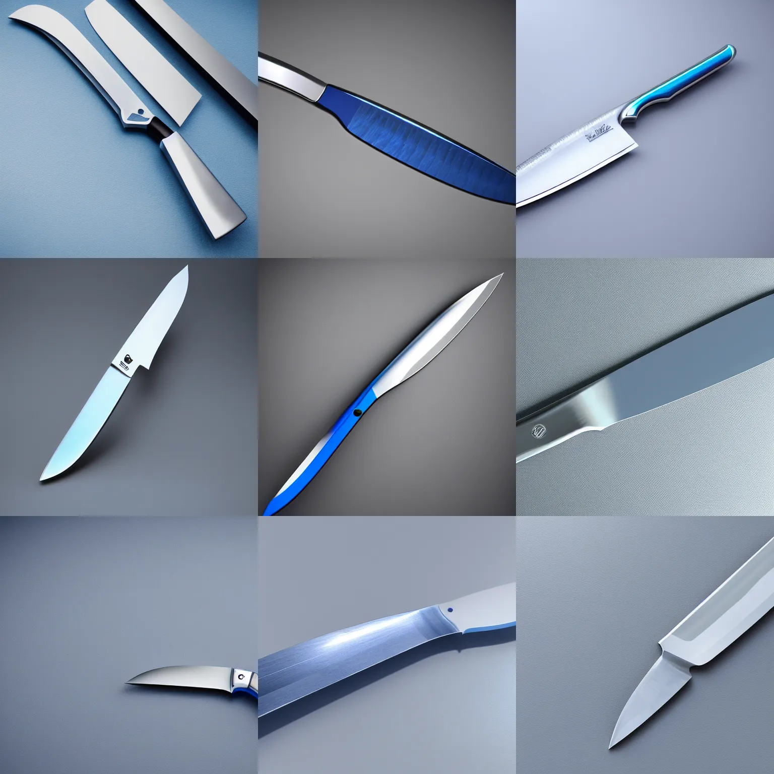 Prompt: futuristic kitchen knife, white, blue, silver, studio photo, studio light, high class, octane render, macro lens