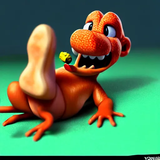 Image similar to realistic lifelike yoshi from nintendo licking his own toes while smoking a blunt 4 k ultrarealistic