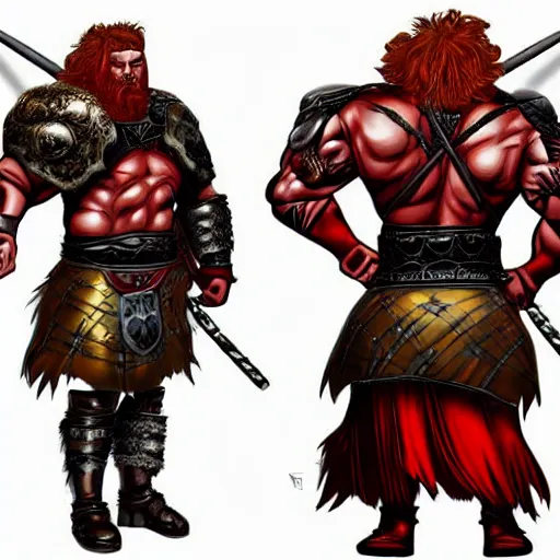 Prompt: bulky muscular scottish warrior with red hair and a kilt, tribal blood red war paintings on his chest, bronze plate armor, in the style of paul pelletier, artgerm