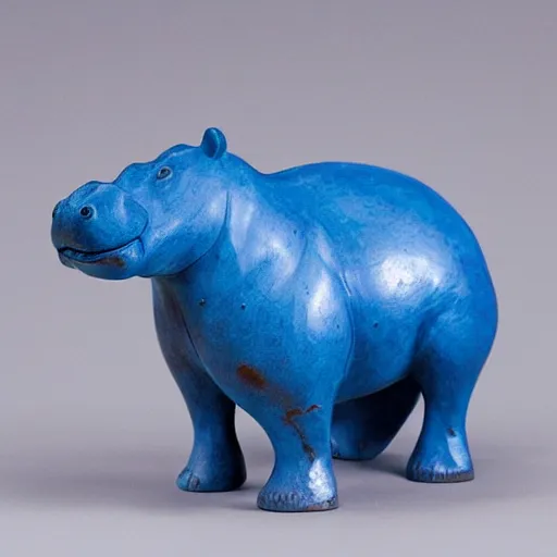 Image similar to a small simple hippo statue carved natural wood, dipped in polished blue ceramic, half and half, mixed media, side view