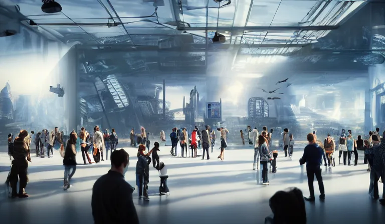 Prompt: crowd of people in simple white museum, looking at hologram of dense futuristic city on a table, cinematic concept art, godrays, golden hour, natural sunlight, 4 k, clear details, tabletop model buildings, center model buildings, hologram center, crane shot, crane shot, crane shot, white walls