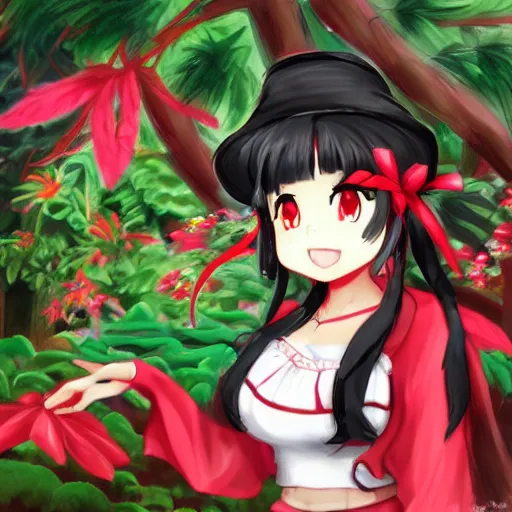 Prompt: reimu in the jungle wearing bonnet