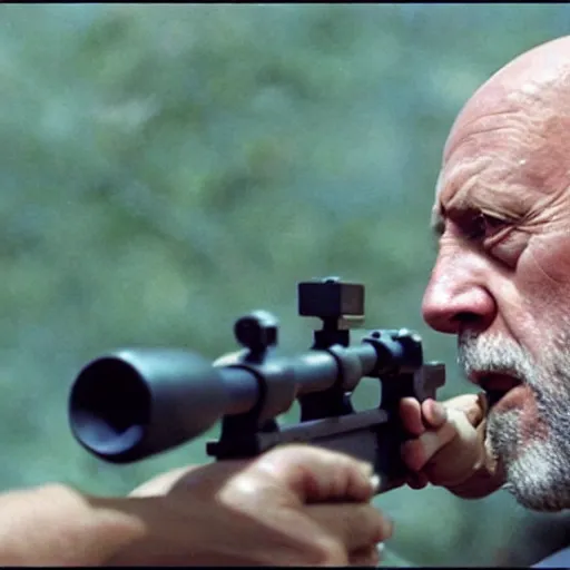 Image similar to Film Still of Mike Ehrmantraut aiming a sniper rifle, 8k, highly detailed