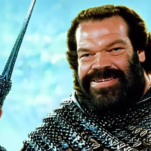 Prompt: bud spencer as king arthur, with crown and chainmail, camelot in the background, studio lightning, volumetric lightning, composition, full body