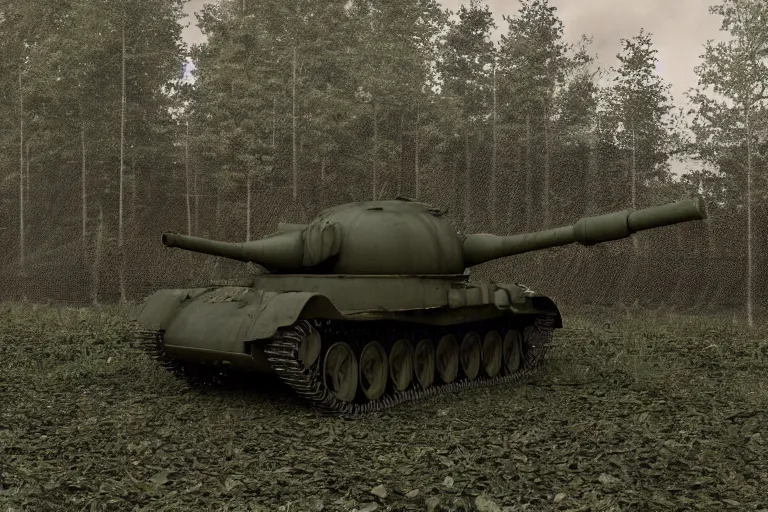 Prompt: 3d render of M4A3 Sherman hidden in bush camo netting dark gritty photo ((((grunge)))) barrel peaking out of the bush ((((((green grey color palette) cinematic ((((((Fury 2014 film)))))) detailed european forest Belgium summer overcast cloudy day