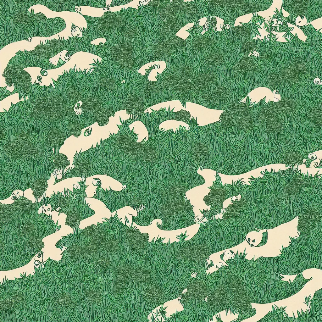 Image similar to isometric view illustration of a bamboo forest and panda, highly detailed mid day by victo ngai