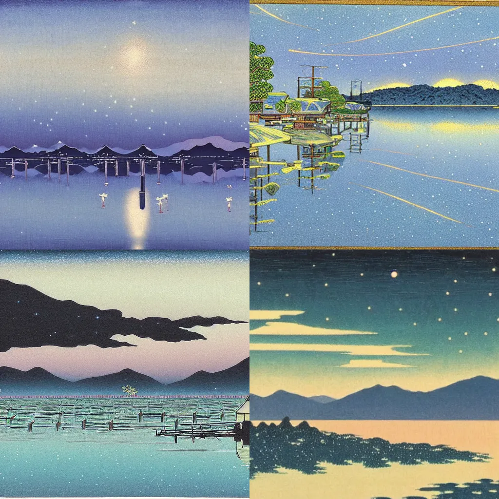 Prompt: Starlit Night in West Lake, Spring, Hasui Kawase