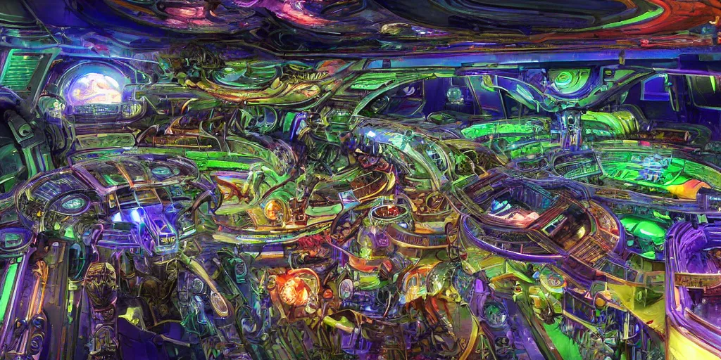 Prompt: a wide shot of a hi-tech sci-fi spaseship of epic proportions and intricate detail, with a lot of bright color lights, bridges, turrets, pipes, in deep space, photography, color, very detailed, realistic