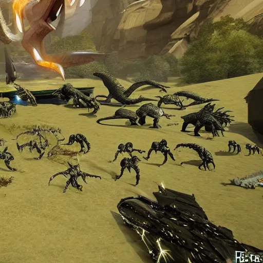 Image similar to dinoasaurs vs Elites from halo, large battle, fantasy