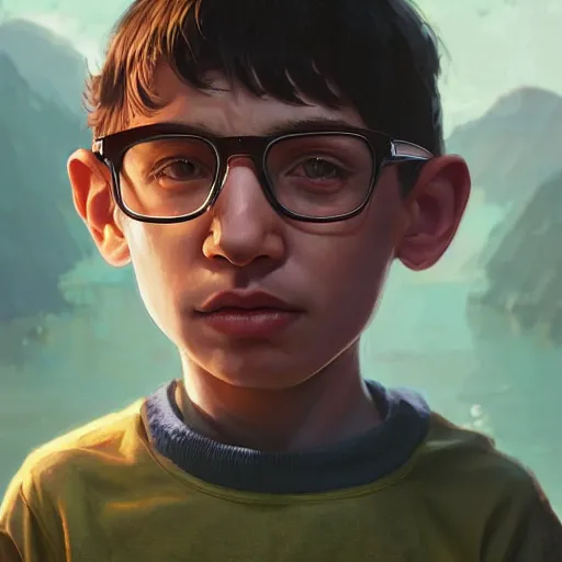 Image similar to highly detailed portrait kid milhouse from the simpsons, in gta v, stephen bliss, unreal engine, fantasy art by greg rutkowski, loish, rhads, ferdinand knab, makoto shinkai and lois van baarle, ilya kuvshinov, rossdraws, tom bagshaw, global illumination, radiant light, detailed and intricate environment