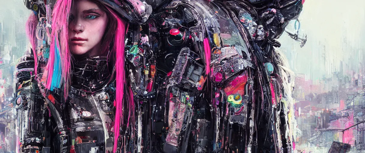 Image similar to detailed portrait neon guard girl with long straight blonde hair seen from the back, cyberpunk futuristic, reflective puffer jacket, black leggings, decorated with traditional ornaments in front of a dystopian crowd with piles of garbage by ismail inceoglu dragan bibin hans thoma, perfect face, fine details, realistic shaded, fine - face, pretty face