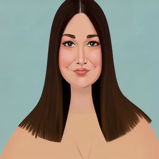 Image similar to chubby 30 year old brunette woman with straight hair in a short bob, round face, romanian heritage, brown eyes, olive skin, bulbous nose, big chin, wide face, no bangs, digital art, cartoon, cute, 8k, illustration, trending on artstation, medium shot, head shot