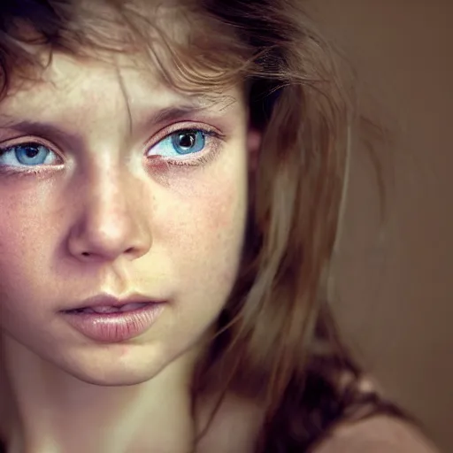 Image similar to photographic Close-up face of a extremely beautiful girl with clear eyes and light brown hair , high light on the left,non-illuminated backdrop, illuminated by a dramatic light, Low key lighting, light dark, High constrast, dramatic , steve mccurry, Lindsay Adler, norman rockwell, craig mulins ,dark background, high quality,photo-realistic, 8K,-H 704